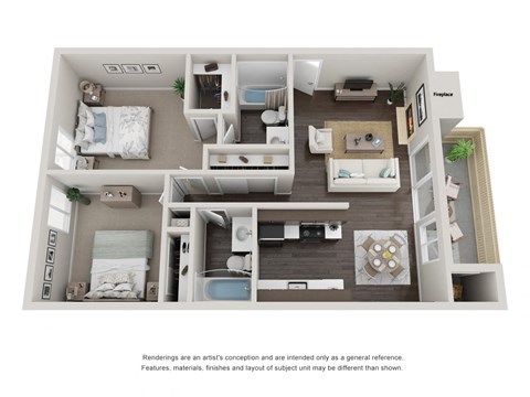 The Fir 2 bedroom 2 bathroom Floor Plan with 864 Square Feet at Willow Grove Apartments, California, 95825